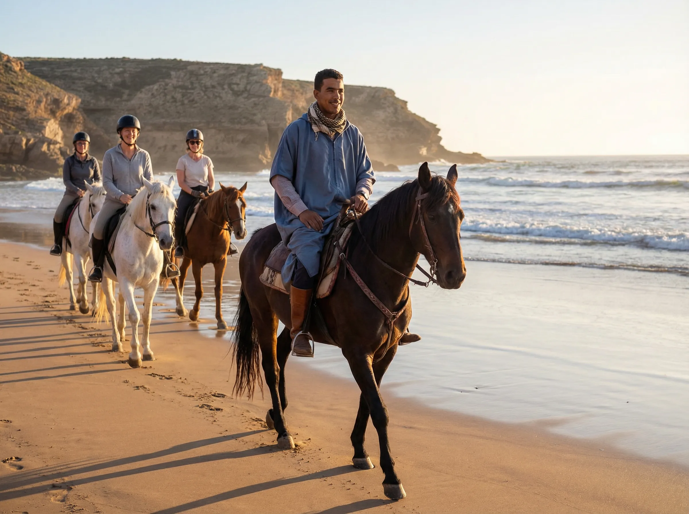 Professional horse riding guide leading riders along Agadir coastline